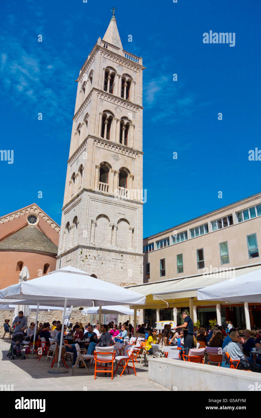 Cafe terraces, under cathedral's belfry, Forum, Trg Rimskog Foruma, Old town, Zadar, northern Dalmatia, Croatia Stock Photo