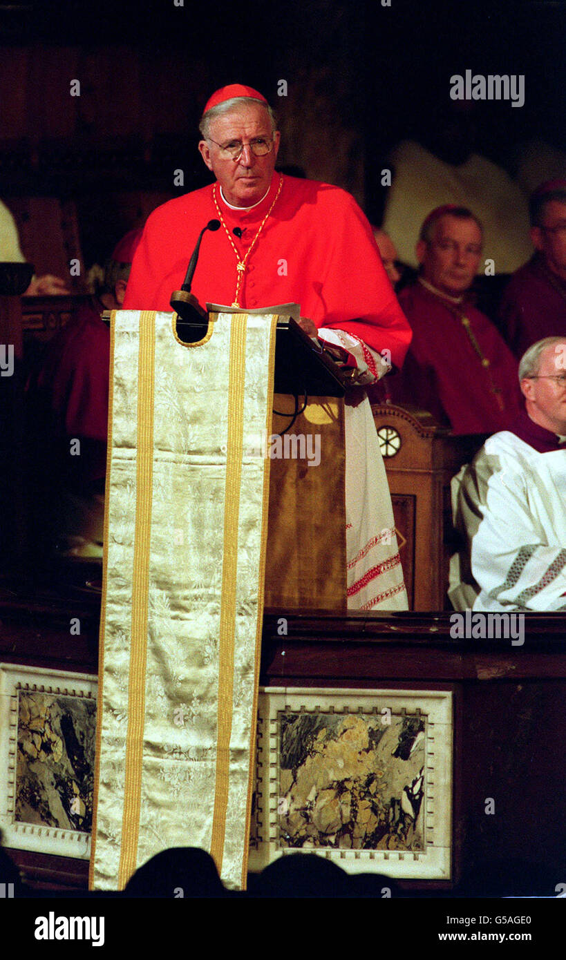 Cardinal Cormac Murphy-O'Connor, the Archbishop of Westminster speaks at Westminster Cathedral in London after being created a cardinal by the Pope in Rome. Prayers were said for the Archbishop at the Solemn Rite of Welcome service. * The Cardinal, 68, was one of 44 to receive the red zucchetto hat, which goes with the title, in front of a 50,000-strong audience in St Peter's Square last Wednesday. Stock Photo