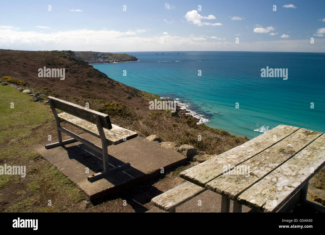 Bench at Gwynver clifftop Stock Photo