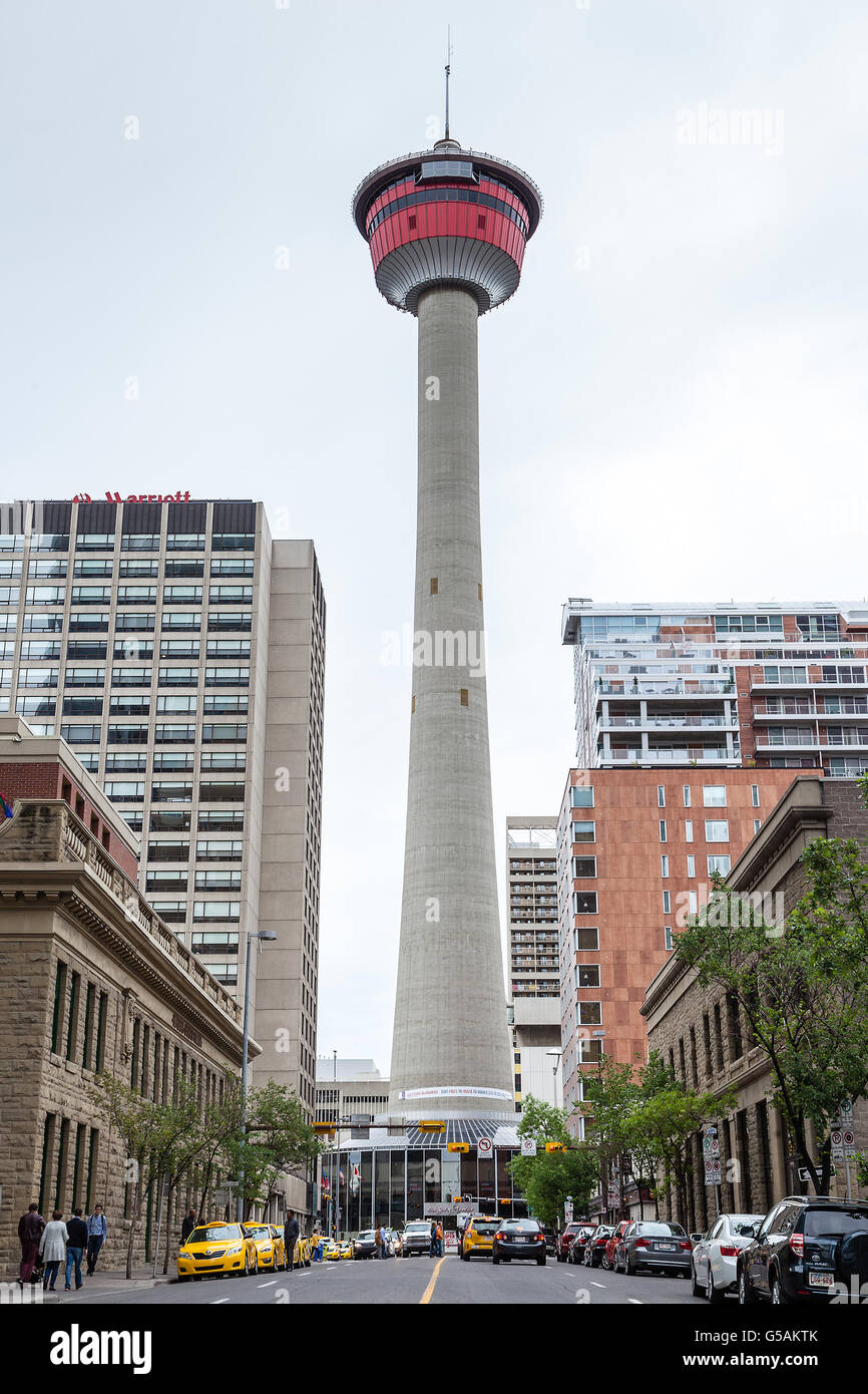 CALGARY, CANADA - June 14: Built in 1968, the 627 feet  tall Calgary Tower stands aloof in downtown Calgary. Stock Photo