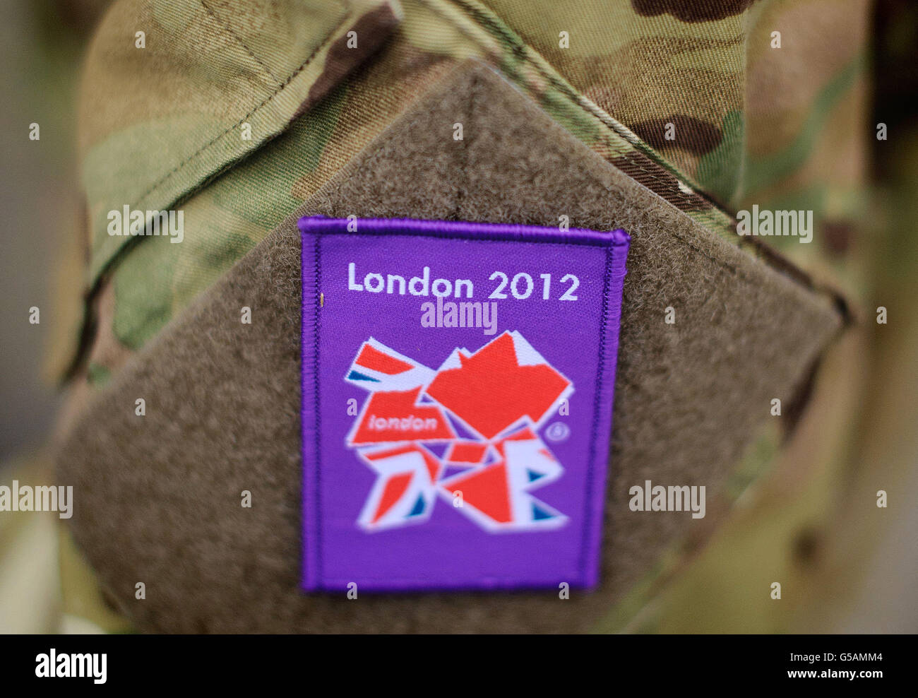 Detail of a Olympic tactical recognition flash on an army uniform, at temporary Army barracks at Tobacco Dock, a former shopping centre in east London. Stock Photo