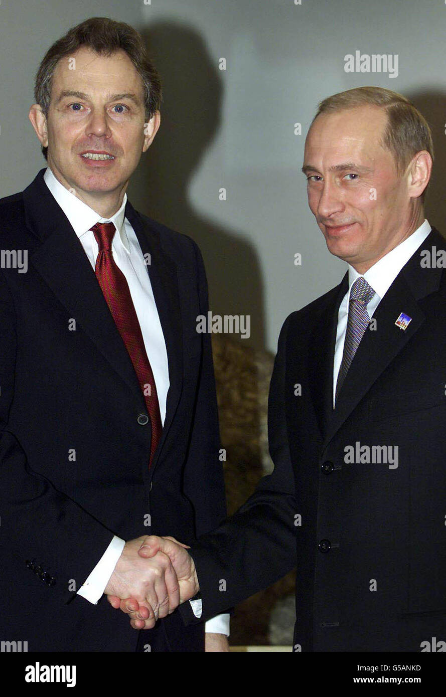 Russian President Vladimir Putin (right) shakes hands with British Prime Minister Tony Blair at the start of a bilateral meeting at the EU summit in Stockholm. Putin played down the diplomatic crisis with the U.S when pressed by journalists covering the summit. * The summit, hosted by Sweden who presently hold the 6-month rotating presidency, will focus on economic and social problems in Europe. Stock Photo
