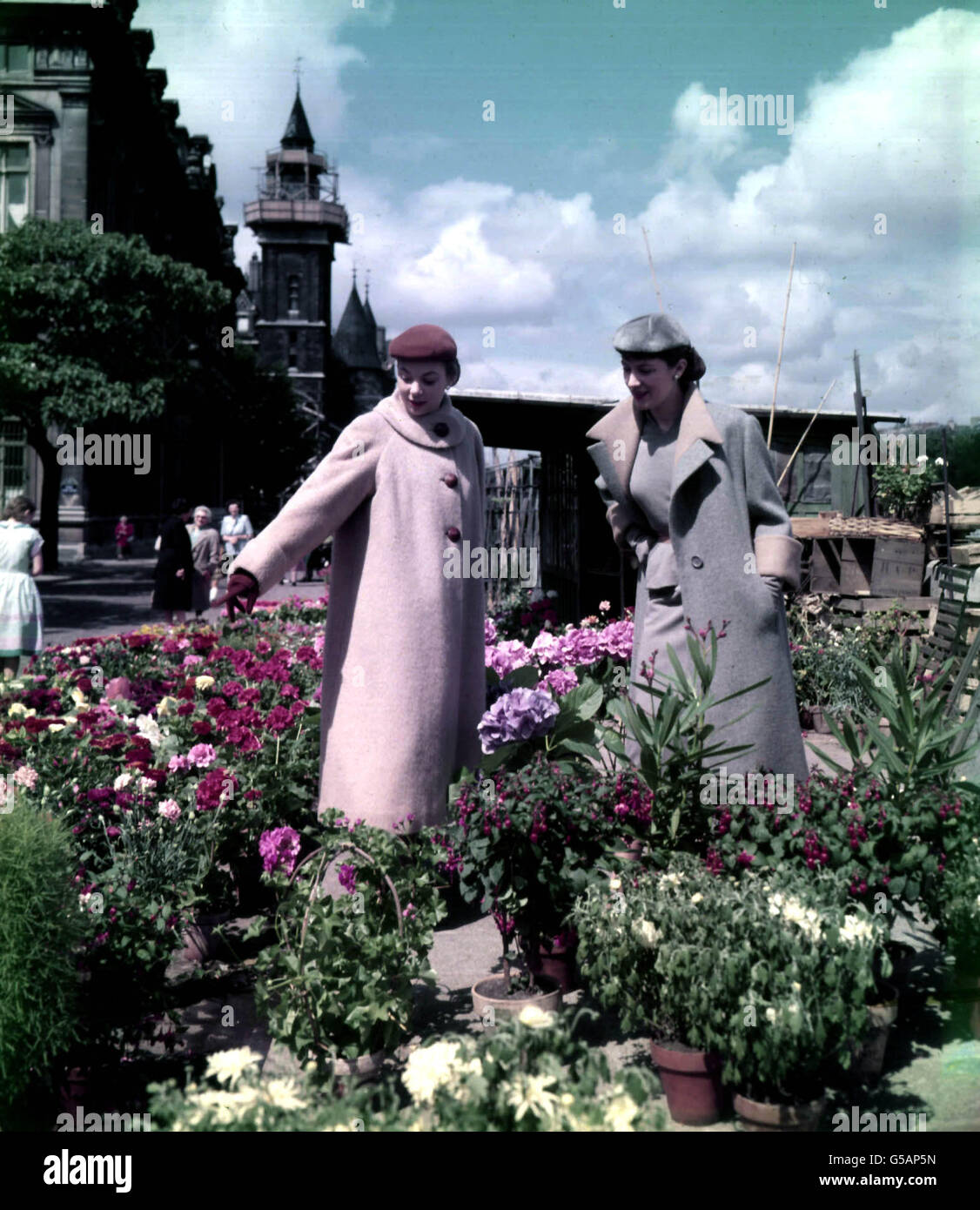 FIFTIES FASHION 1951: Taken in the flower market, Ile de la Cite, Paris, are these two coats by Marcel Rochas. Left is a model in light beigge wool with an interesting collar and tan accessories, Right is a blue-grey wool coat with contrasting cuffs and collar worn over a matching dress. Stock Photo