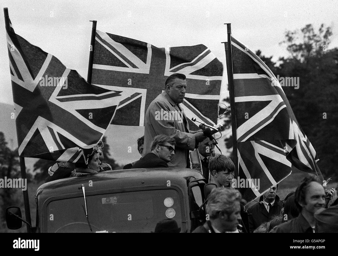 The Reverend Ian Paisley speaking to the Orange Lodge marchers at Knockagoney, in Belfast, in 1970. Stock Photo