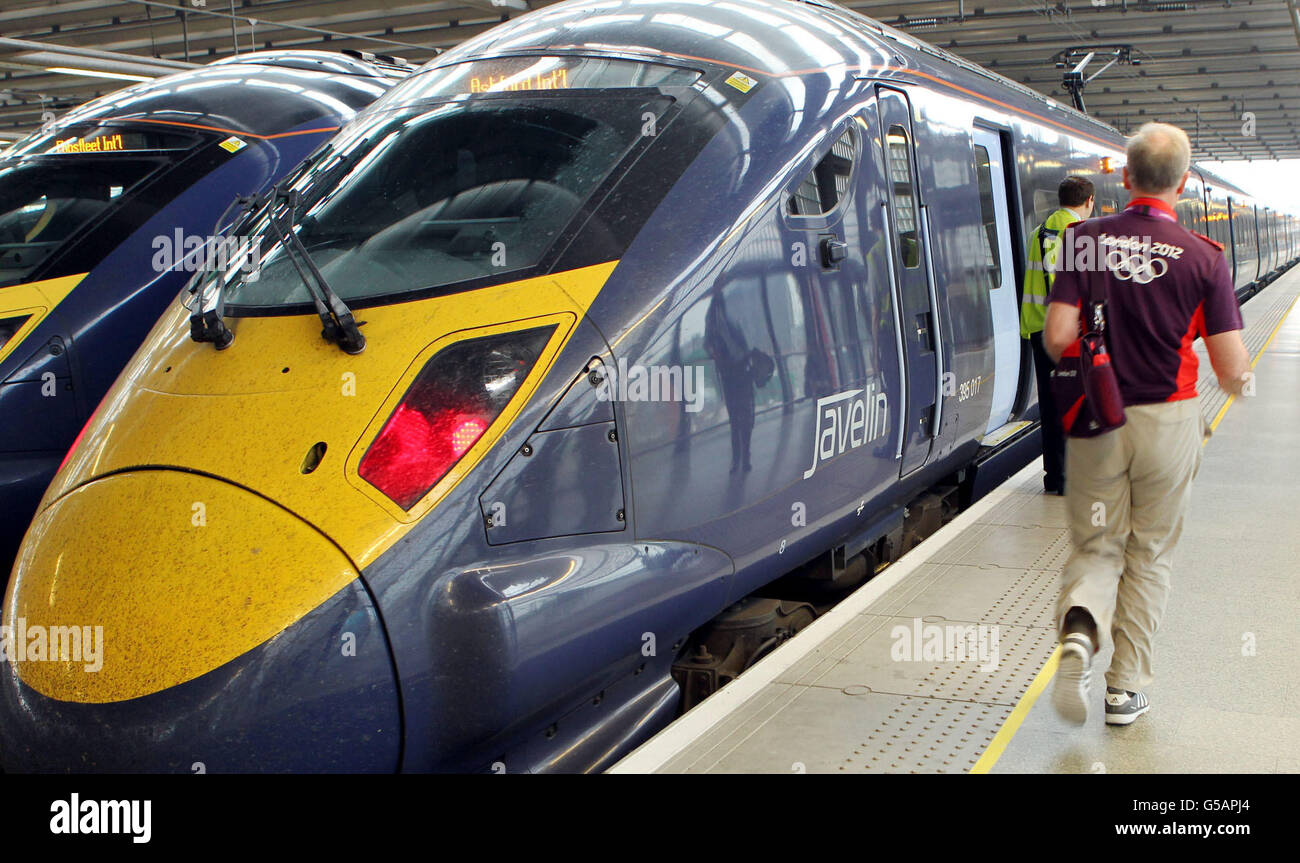 A high speed javelin train serving olympic park in stratford hires