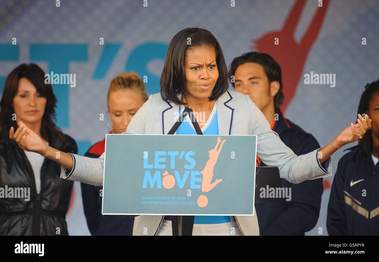 US First Lady Michelle Obama speaks at a 'Let's Move!' event, for the families of US Military personnel, at Winfield House, in Regent's Park, central London. Stock Photo