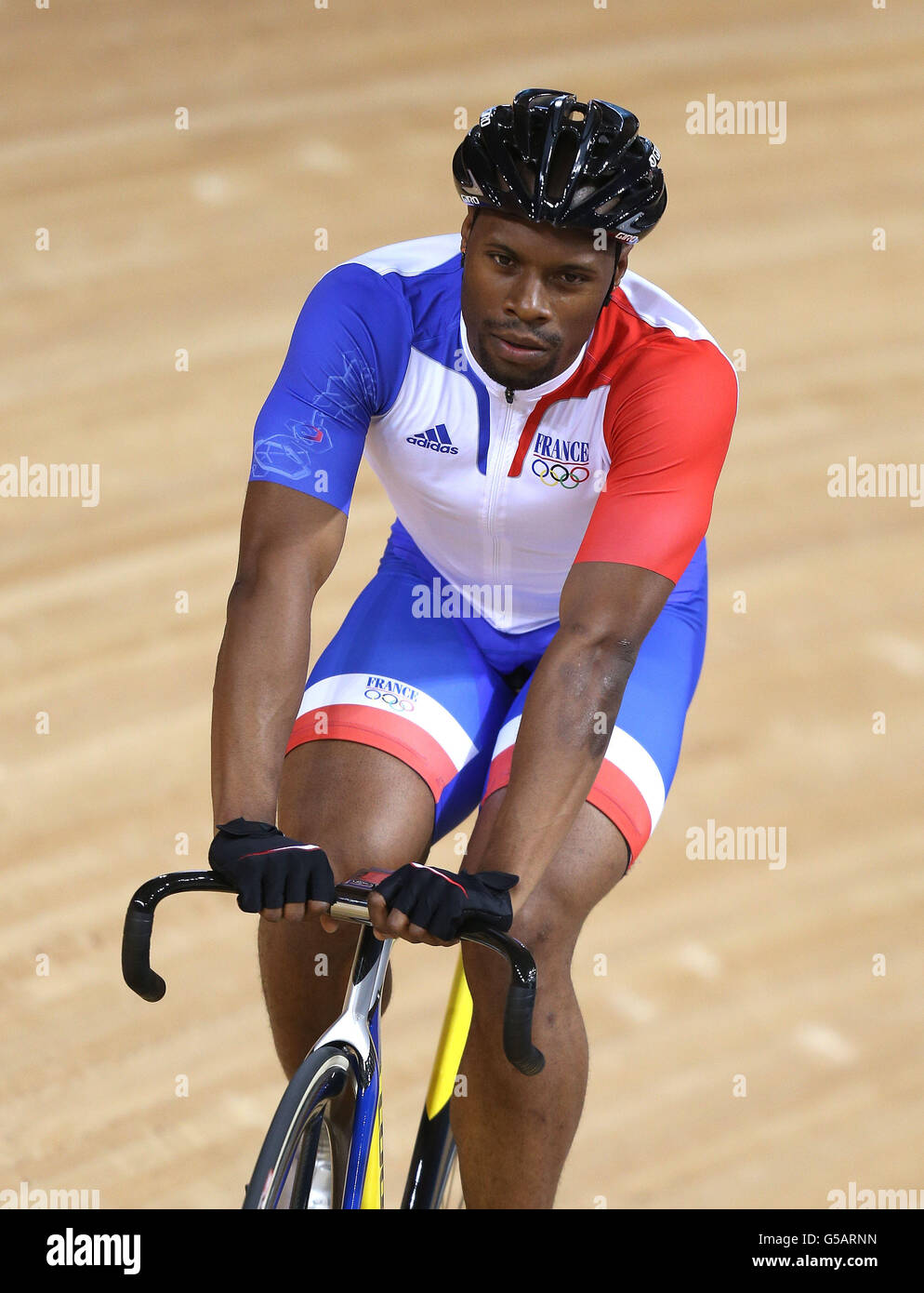 France's Gregory Bauge during a training session at the Velodrome at the Olympic Park. Stock Photo