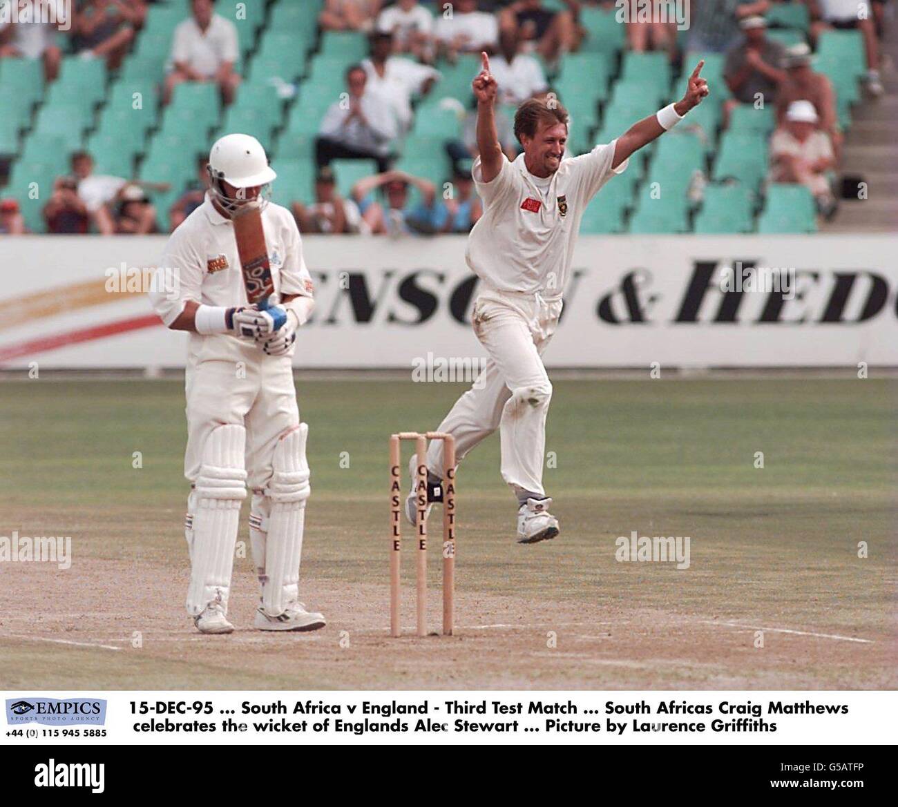 15-DEC-95, South Africa v England - Third Test Match, South Africas Craig Matthews celebrates the wicket of Englands Alec Stewart, Picture by Laurence Griffiths Stock Photo
