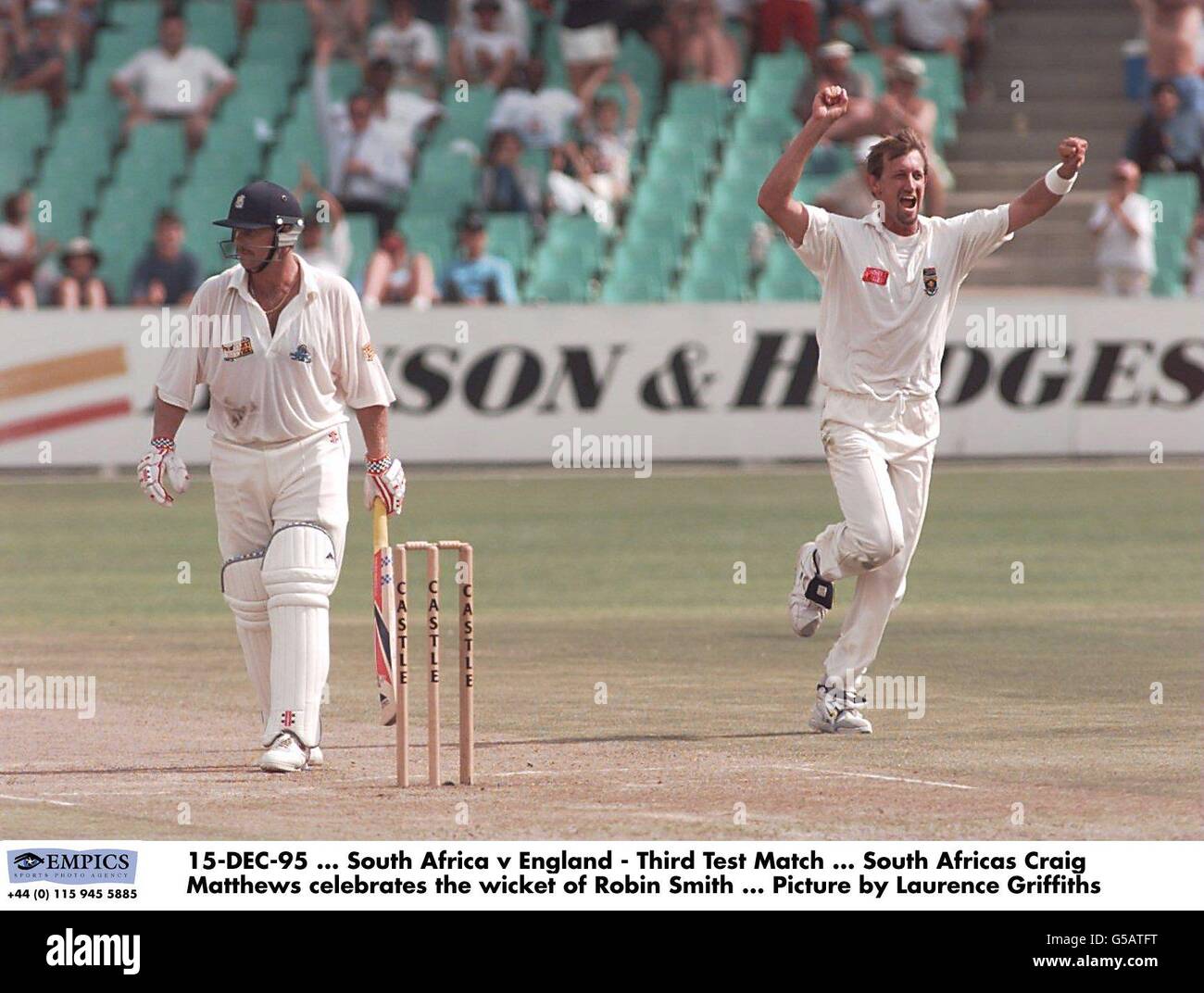 15-DEC-95, South Africa v England - Third Test Match, South Africas Craig Matthews celebrates the wicket of Robin Smith, Picture by Laurence Griffiths Stock Photo