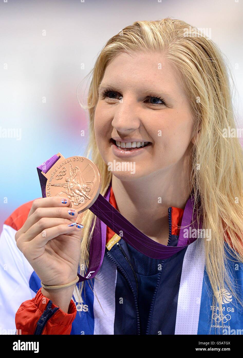 Great Britain's Rebecca Adlington celebrates with her bronze medal after finishing third in the Women's 400m Freestyle Final Stock Photo