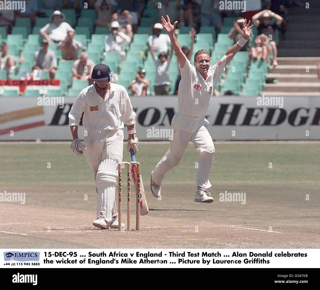 15-DEC-95. South Africa v England - Third Test Match. Allan Donald celebrates the wicket of England's Mike Atherton. Picture by Laurence Griffiths Stock Photo