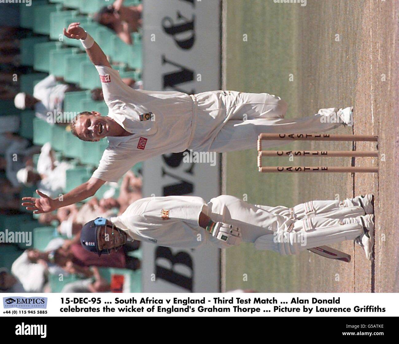 15-DEC-95. South Africa v England - Third Test Match. Allan Donald celebrates the wicket of England's Graham Thorpe. Picture by Laurence Griffiths Stock Photo