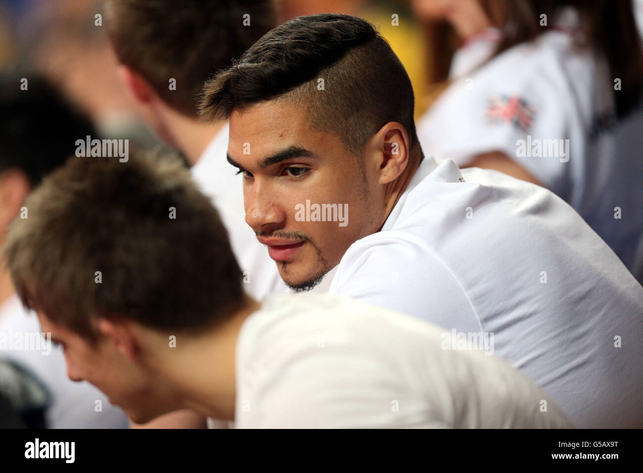 Great Britain's Louis Smith watches the Men's All Round from the stands at North Greenwich Arena, London. Stock Photo