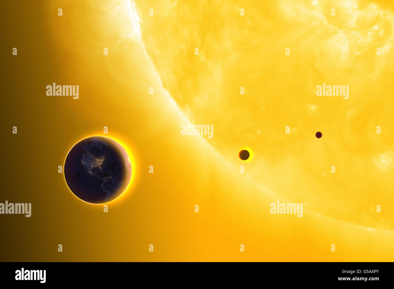 Earth, Venus, Mercury in orbit around the Sun. The suns diameter is about 109 times that of Earth Stock Photo