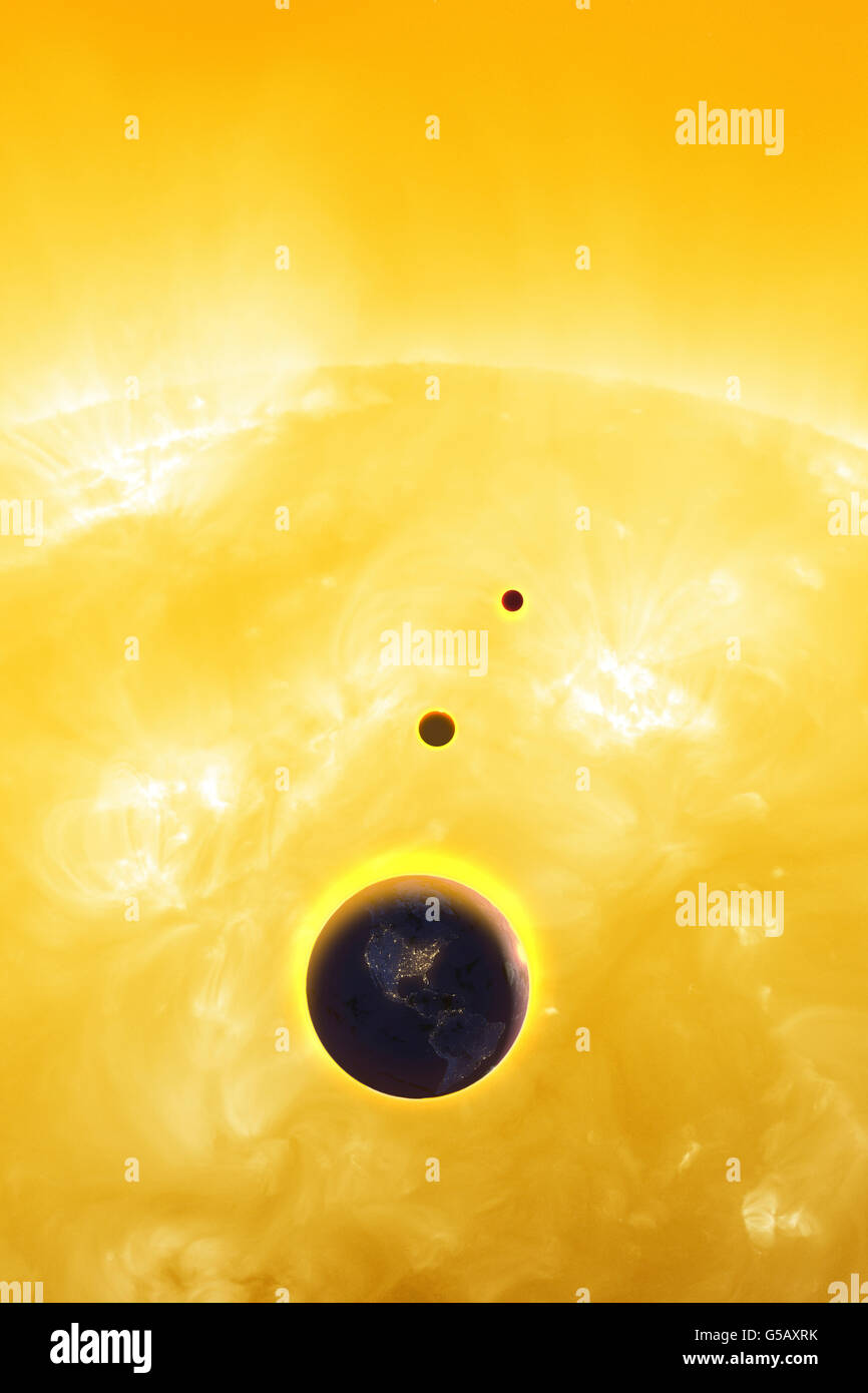 Earth, Venus, Mercury in orbit around the Sun. The suns diameter is about 109 times that of Earth Stock Photo
