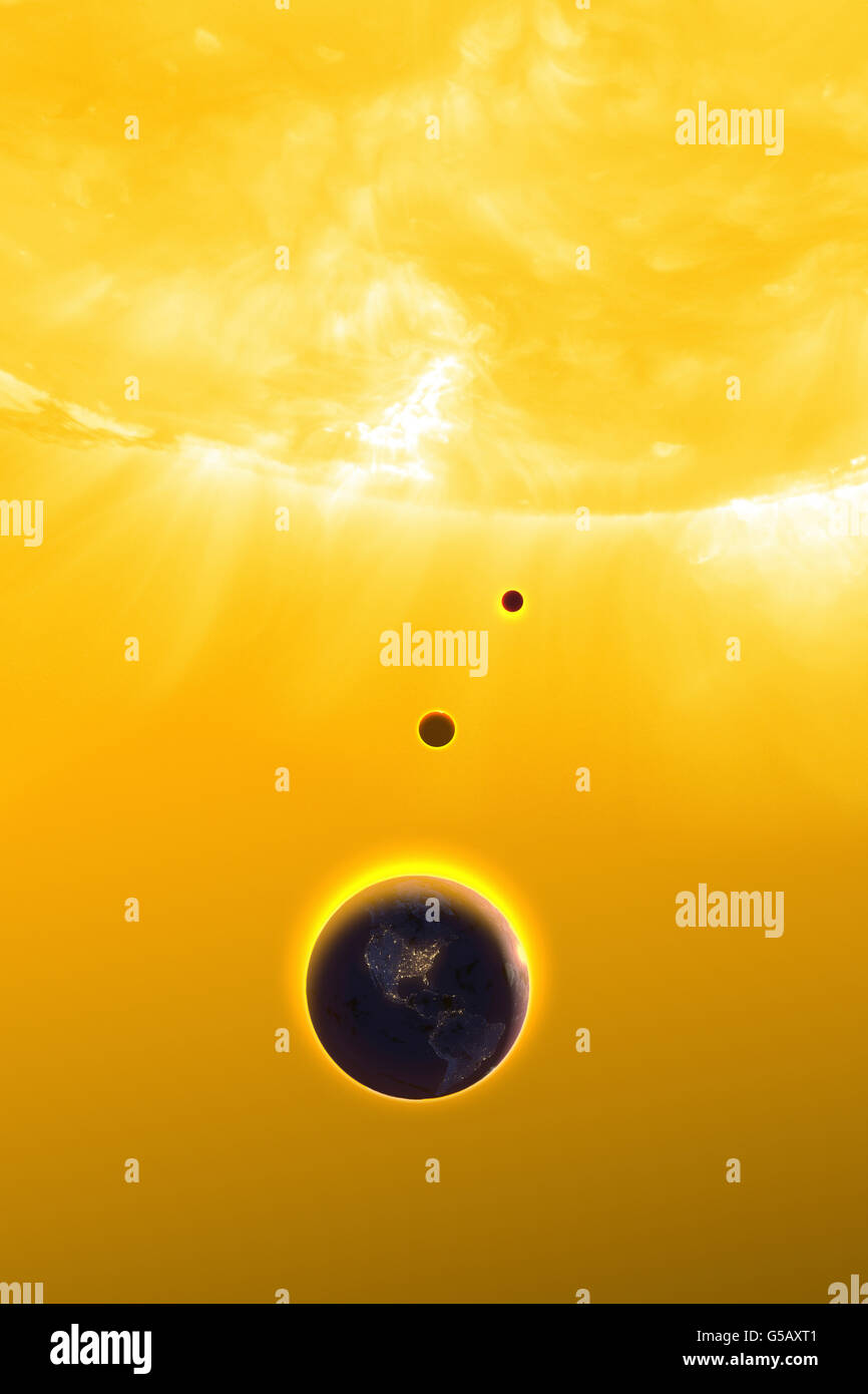 Earth, Venus, Mercury in orbit around the Sun. The suns diameter is about 109 times that of Earth Stock Photo