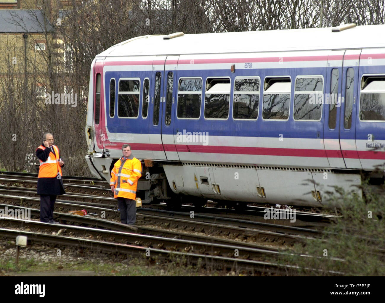 The front of one the trains which collided just outside Hither Green station in south east London, following a small collision between two trains. The accident happened when a London-bound train 'clipped' the back of another train just outside the station near Lewisham. Stock Photo