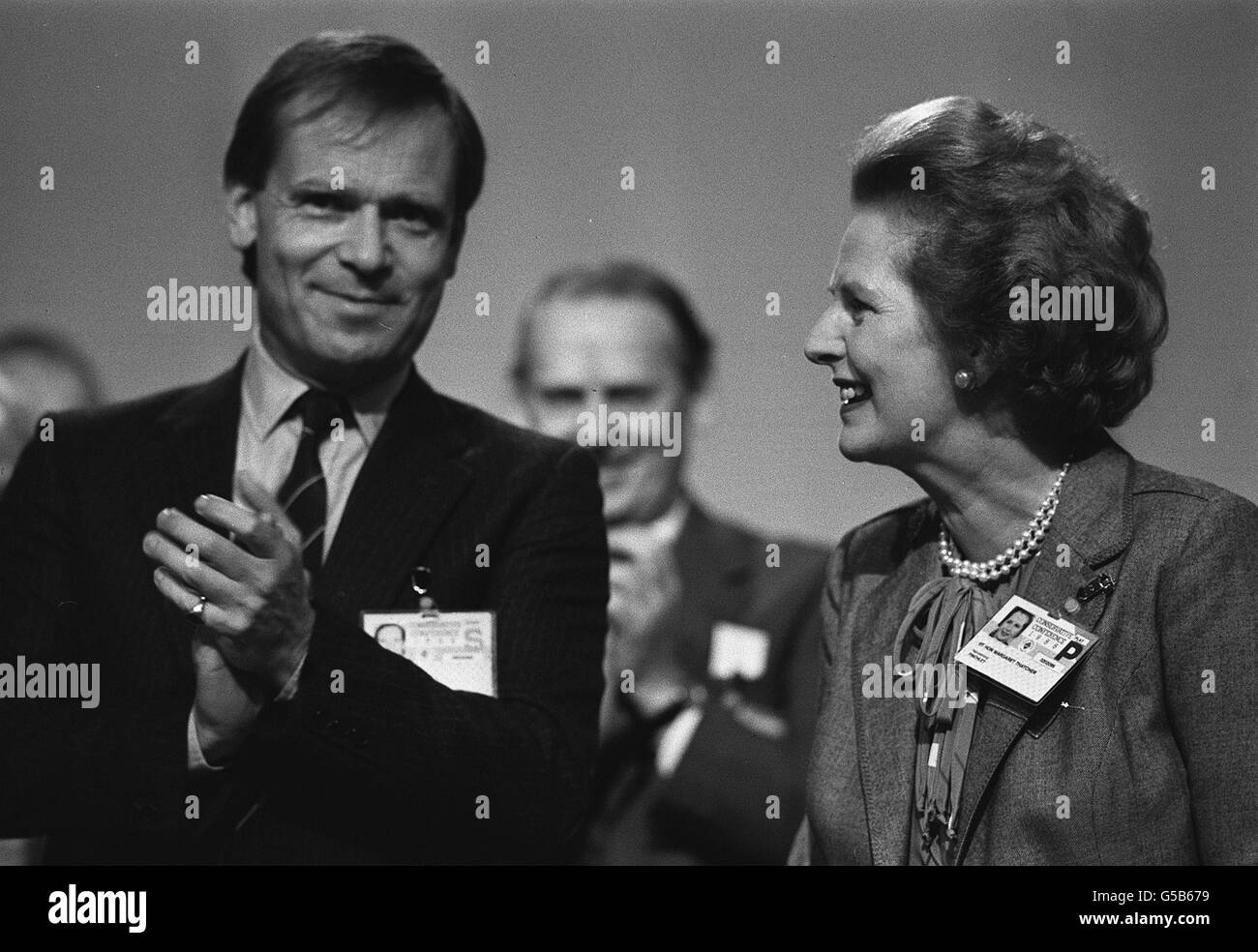 Prime Minister Margaret Thatcher with Jeffrey Archer, deputy chairman of the Conservative Party at the 1986 party conference in Bournemouth. Stock Photo