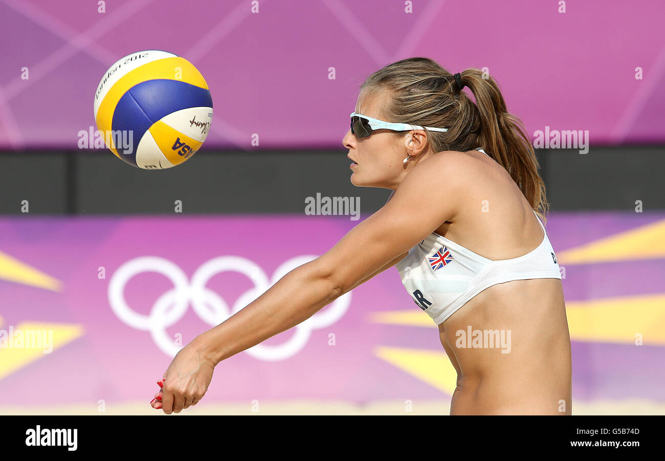 Zara Dampney from Great Britain's Women's Volleyball team during a training session on Centre Court at the Beach Volleyball arena at Horse Guards Parade in central London. Stock Photo