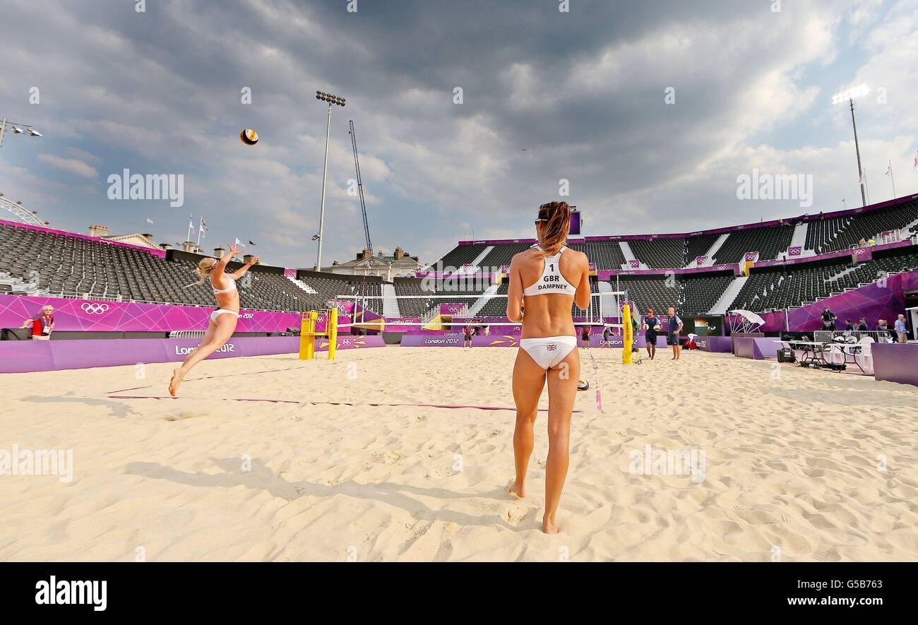 Shauna Mullin (left) and Zara Dampney from Great Britain's Women's Volleyball team during a training session on Centre Court at the Beach Volleyball arena at Horse Guards Parade in central London. Stock Photo