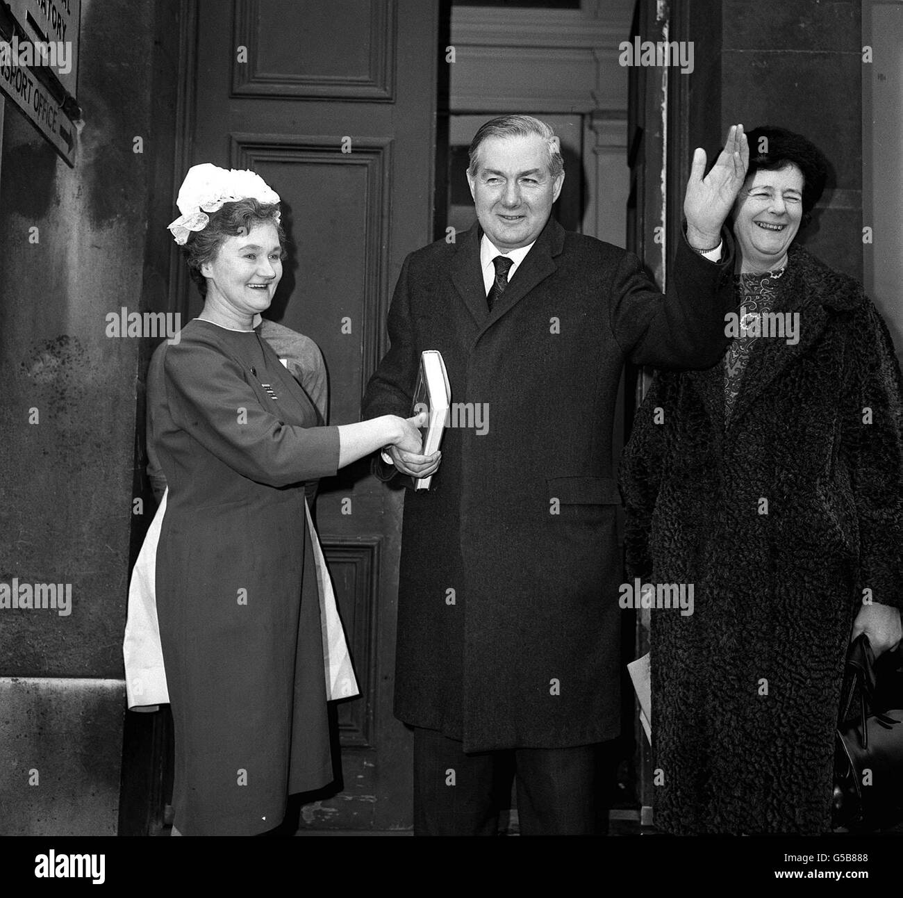 Mr James Callaghan, shadow employment secretary, says goodbye to the matron, Miss DM Vinall, as accompanied by his wife, he leaves Lambeth Hospital after a prostate gland operation. Stock Photo