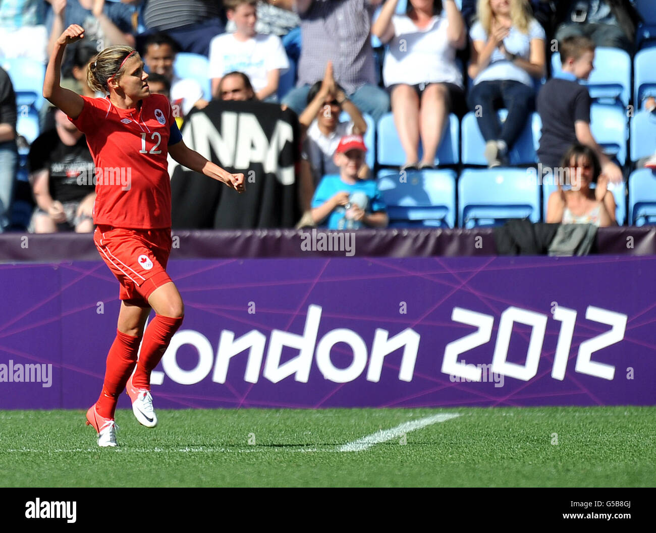 Canada's Christine Sinclair celebrates scoring her second goal at the City of Coventry Stadium, Coventry. Stock Photo