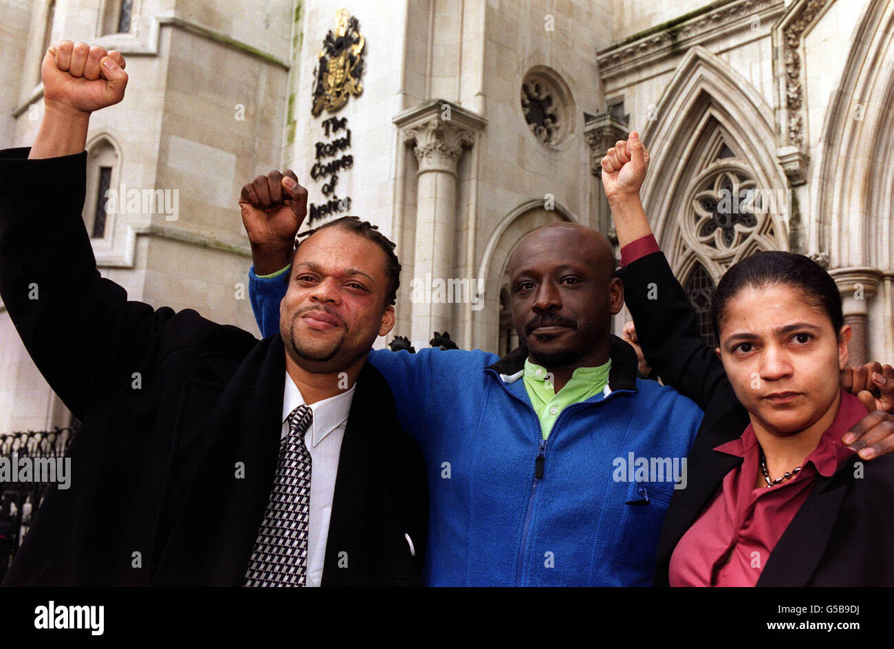 Two members of the family of Christopher Alder, who died in police custody, with a civil rights campaigner outside the High Court in London, after an unsuccessful attempt by five police officers to overturn a jury's verdict of unanimous killing on Mr Alder. * L-R: Ruggie Johnson, Northern Co-ordinator for the National Civil Rights Movement; Richard Alder, Christopher's brother and Tracy Alder, Christopher's cousin. Mr Alder, 37, a former paratrooper who was decorated for his service in Northern Ireland, was left dying on a police station floor for a crucial nine minutes before officers on Stock Photo