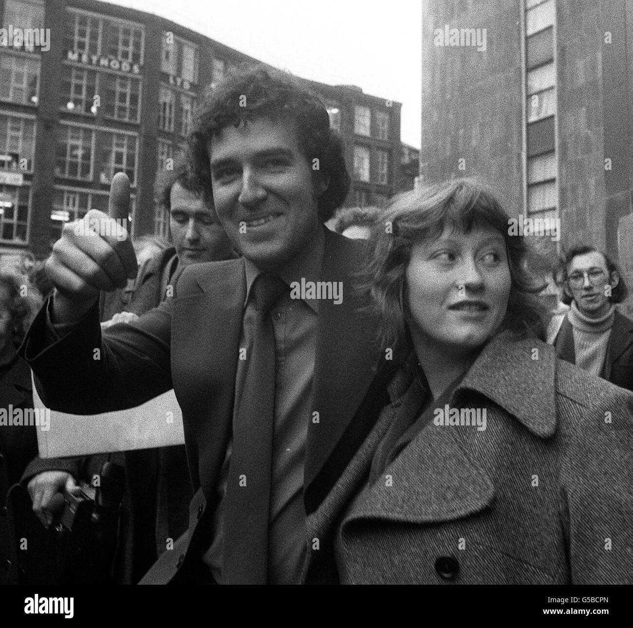 Young Liberals' leader Peter Hain, with his wife Patricia, in London, as he shows his approval of the jury's verdict after his trial at the Old Bailey. Hain, who was charged with stealing 490 from a bank, was found not guilty. Stock Photo