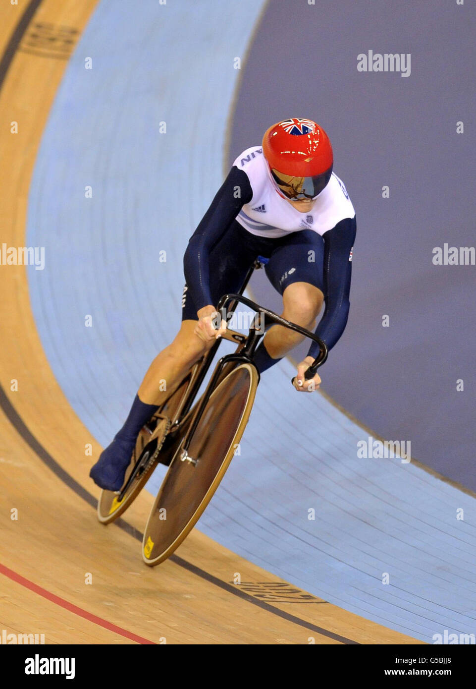 Great Britain's Victoria Pendleton in the Women's Team Sprint Qualifying during day six of the Olympic Games at the Velodrome, London. Stock Photo