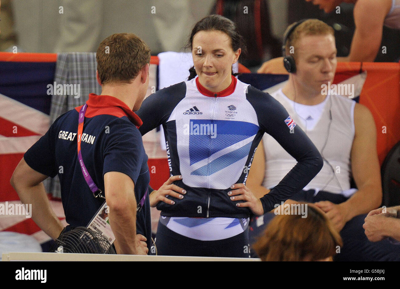 Great Britain's Victoria Pendleton after she was relegated from the team sprint first round on the first day of the track cycling at the Velodrome in the Olympic Park. Stock Photo