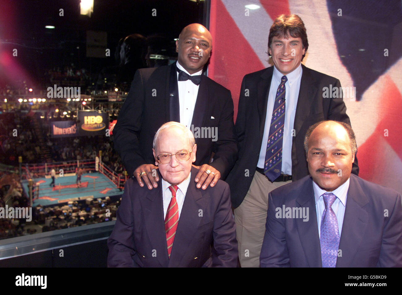 The BBC Boxing team Back row (L-R) Marvin Hagler, John Inverdale, Front row (L-R) Harry Carpenter and John Conteh at Carnival City, Johannesberg, ahead of the World Heavyweight Title fight between champion