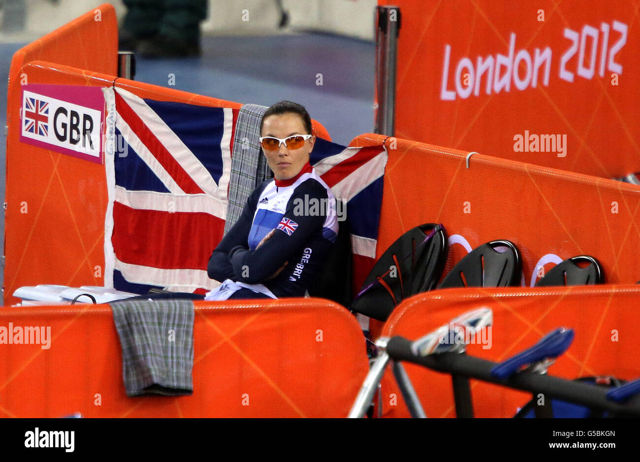Great Britain's Victoria Pendleton arrives at the Veladrome for the first round of the Women's Keirin at the Veladrome at the Olympic park, London. Stock Photo