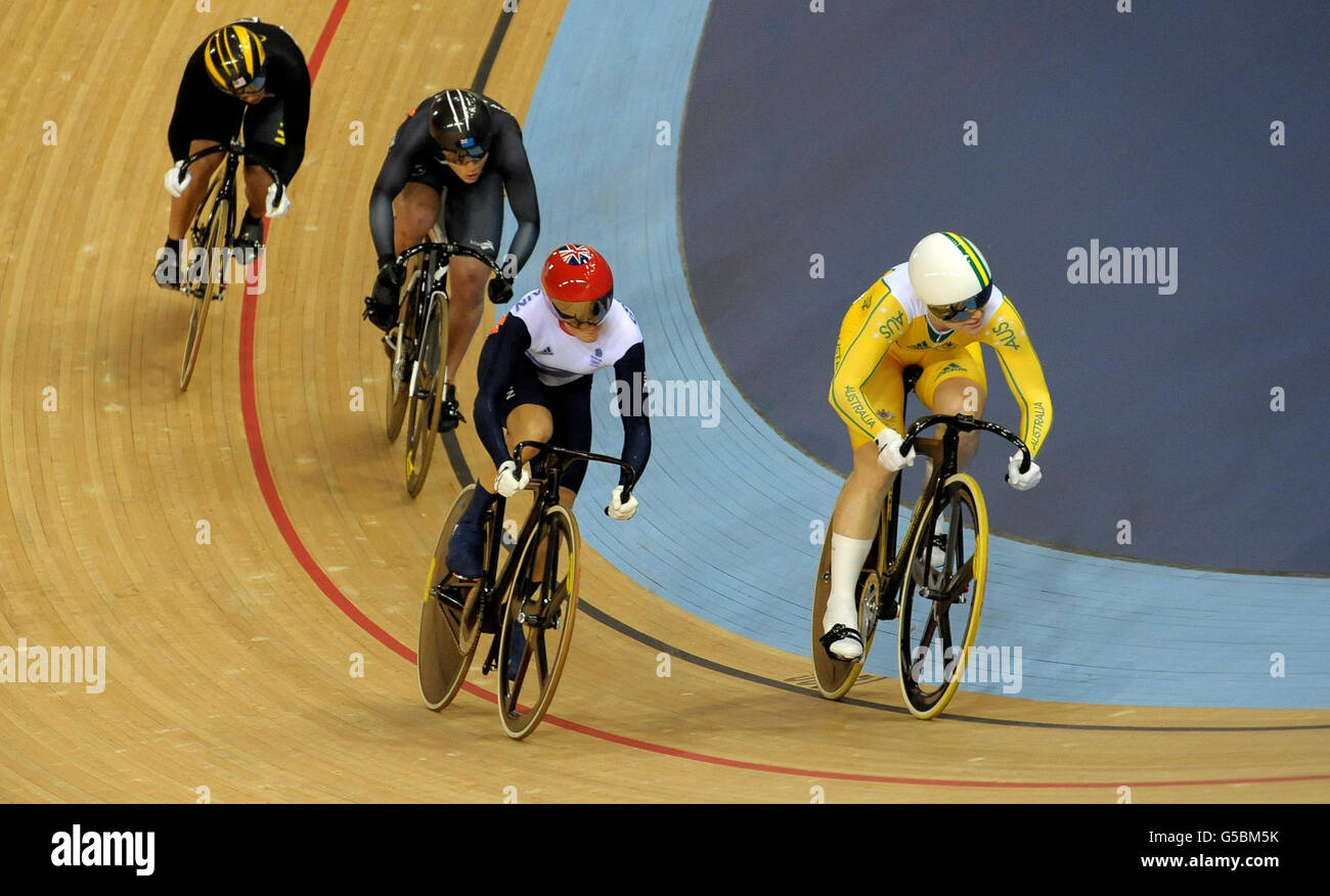 Great Britain's Victoria Pendleton (second right) in the Women's Keirin during day seven of the Olympic Games at the Velodrome, London. Stock Photo