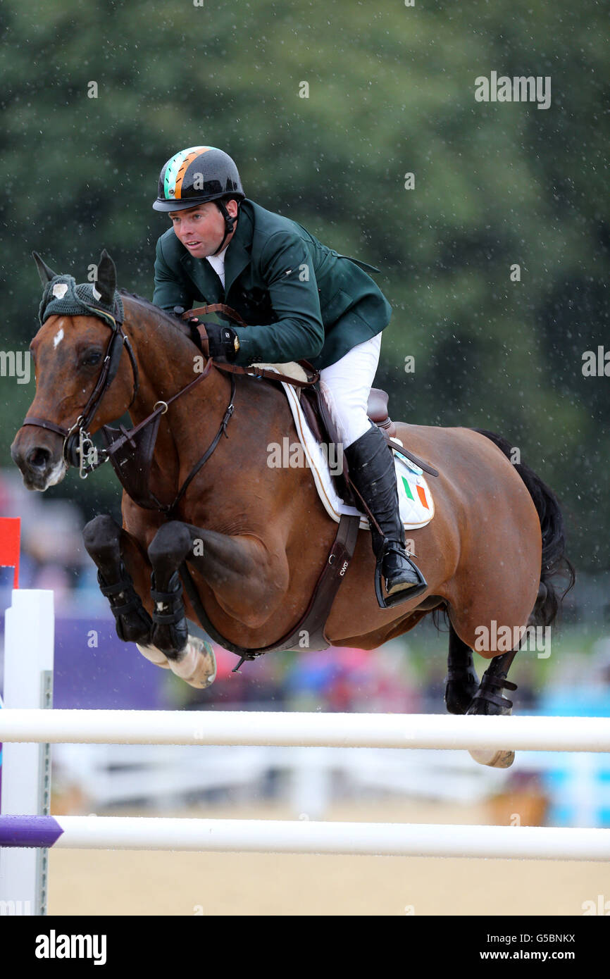Ireland's Cian O'Connor riding Blue Loyd 12 during the Equestrian Jumping Individual 2nd Qualifier and the Opening round of the Team Competition at Greenwich Park, London during day nine of the London 2012 Olympics. Stock Photo