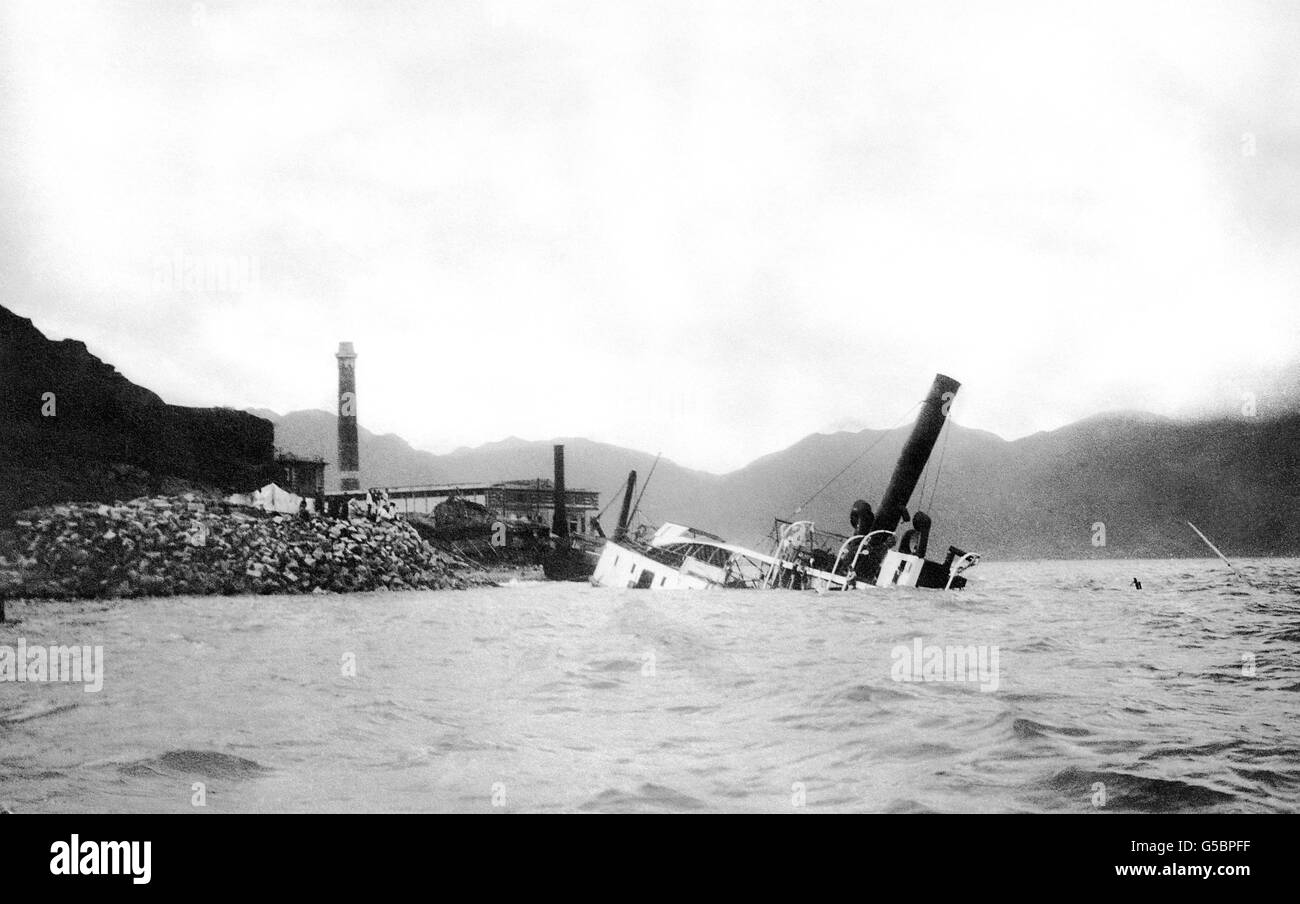 Disasters - Typhoon - Hong Kong. A sunken steamer in Hong Kong Harbour, after a typhoon struck. Stock Photo