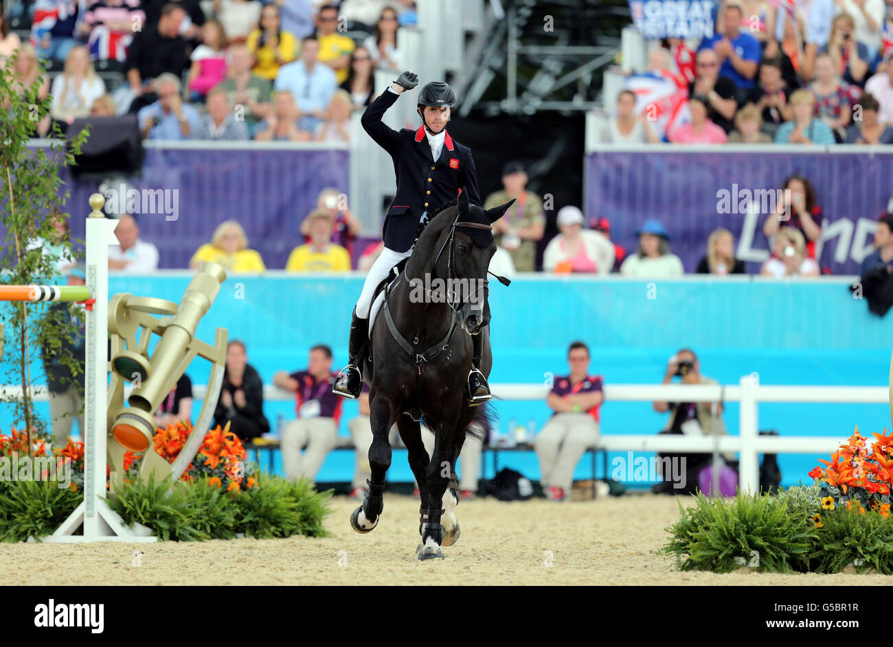 Great Britain's Ben Maher riding Tripple X in the Equestrian Jumping Individual Final Round B at Greenwich Park, on the twelfth day of the London 2012 Olympics. Stock Photo