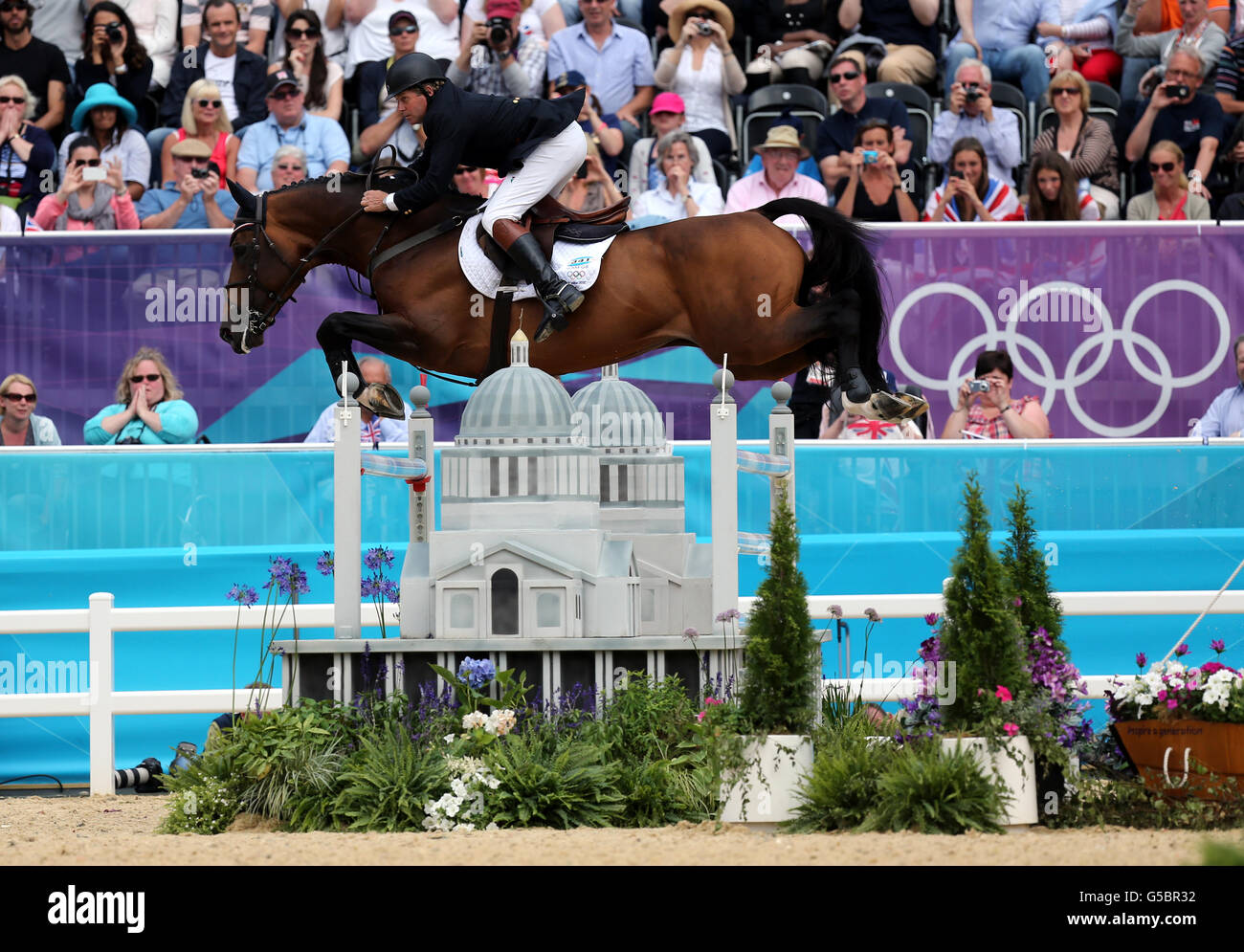 Great Britain's Nick Skelton riding Big Star in the Equestrian Jumping Individual Final Round B at Greenwich Park, on the twelfth day of the London 2012 Olympics. Stock Photo