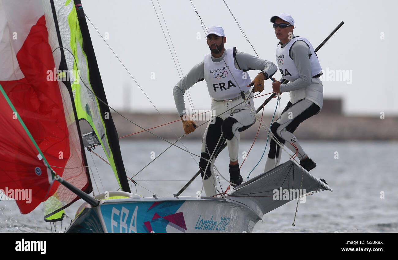 France's Olympic 49er crew Stephane Christidis and Emmanuel Dyen (right) during today's medal race off Weymouth. Stock Photo