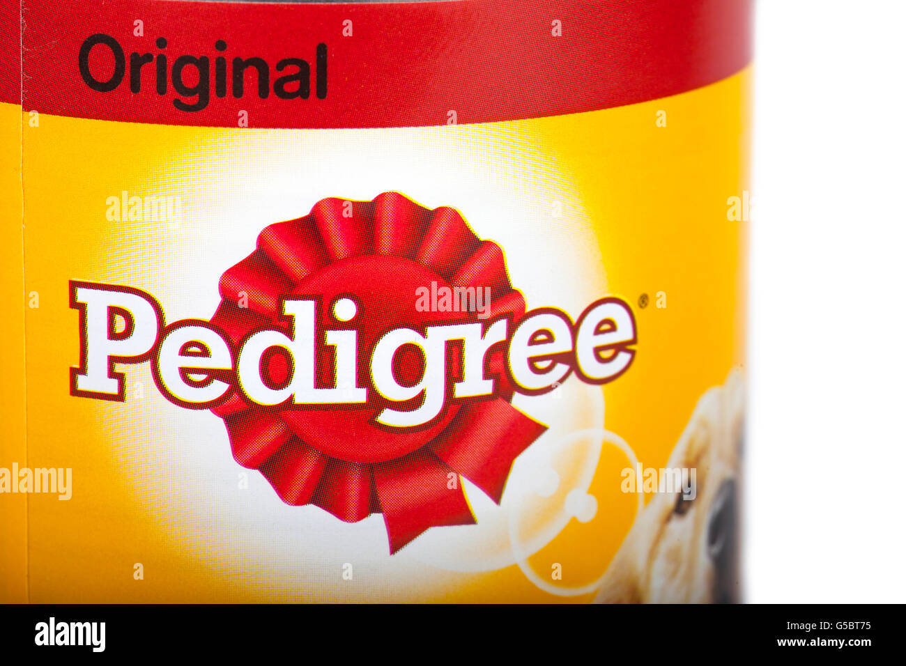 LONDON, UK - 16TH JUNE 2016: Close-up of the Pedigree Dog Food logo, over a plain white background on 16th June 2016.  Pedigree Stock Photo