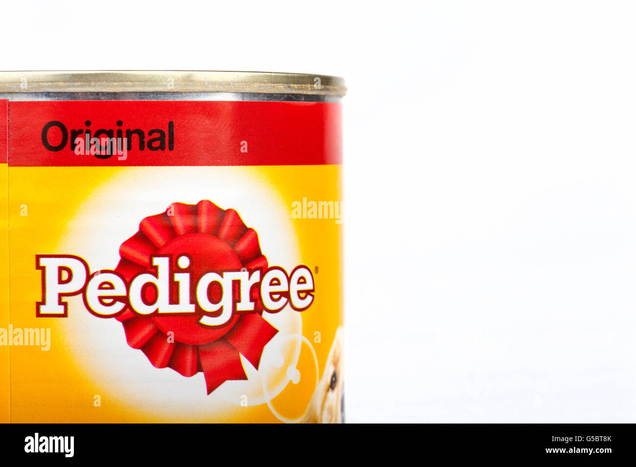 LONDON, UK - 16TH JUNE 2016: Close-up of the Pedigree Dog Food logo, over a plain white background on 16th June 2016.  Pedigree Stock Photo