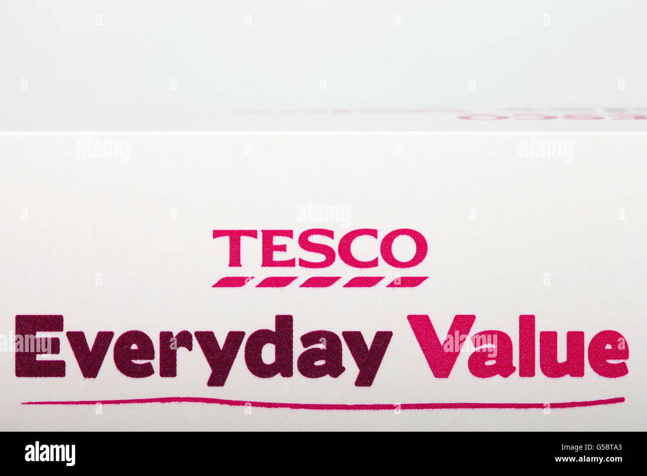 LONDON, UK - JUNE 16TH 2016: Close-up of the Tesco Everyday Value logo on one of their food products, on 16th June 2016.  It is Stock Photo