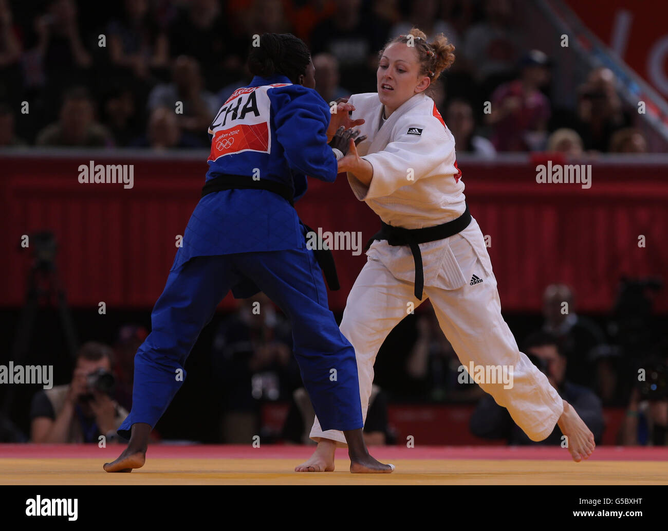 London Olympic Games - Day 5. Great Britain's Sally Conway during her win over Chad's Carine Ngarlemdana at The ExCel Arena, London. Stock Photo