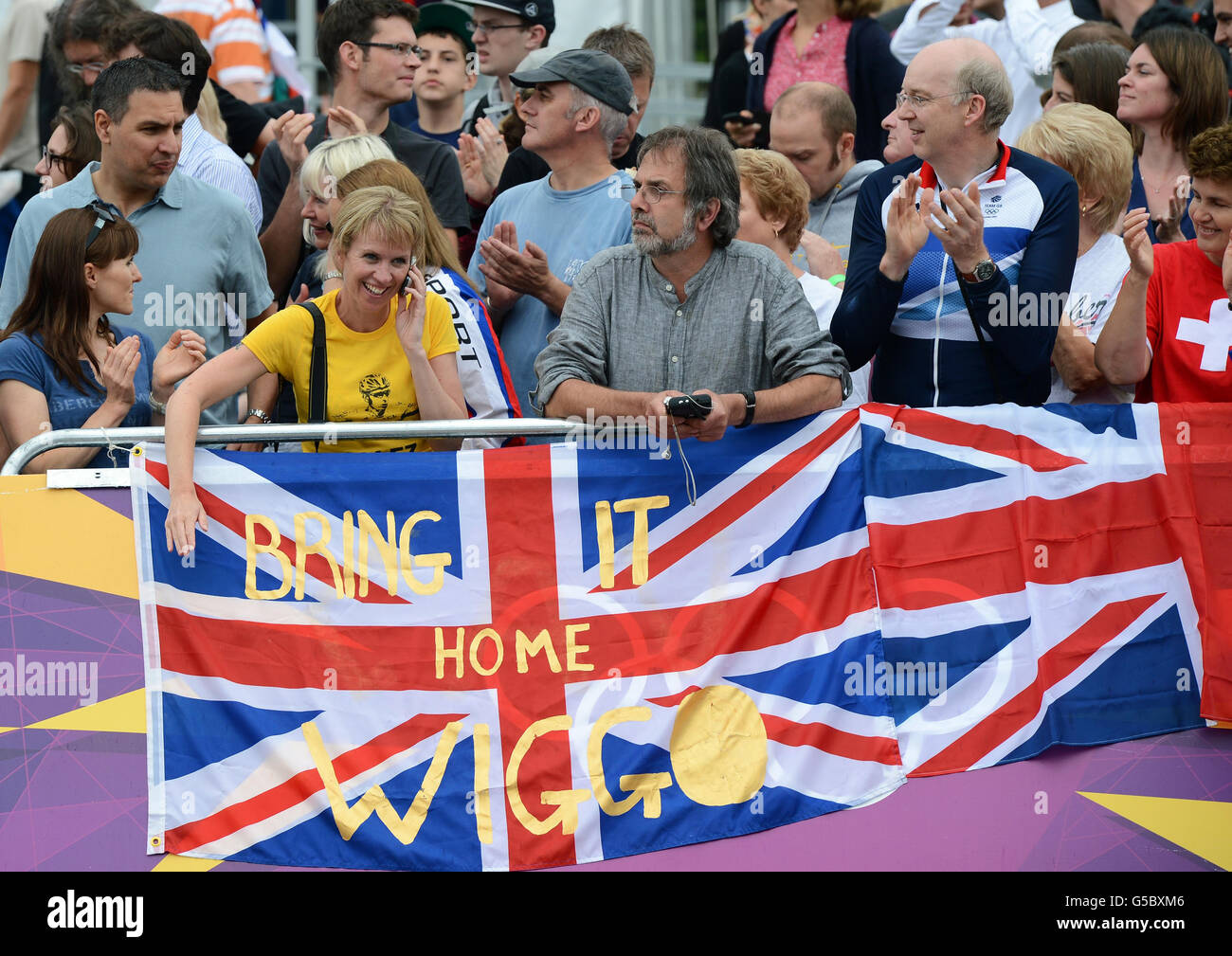 Great Brtiain fans before the Women's Individual Time Trial on day five of the London Olympic Games at Hampton Court Palace, London. Stock Photo