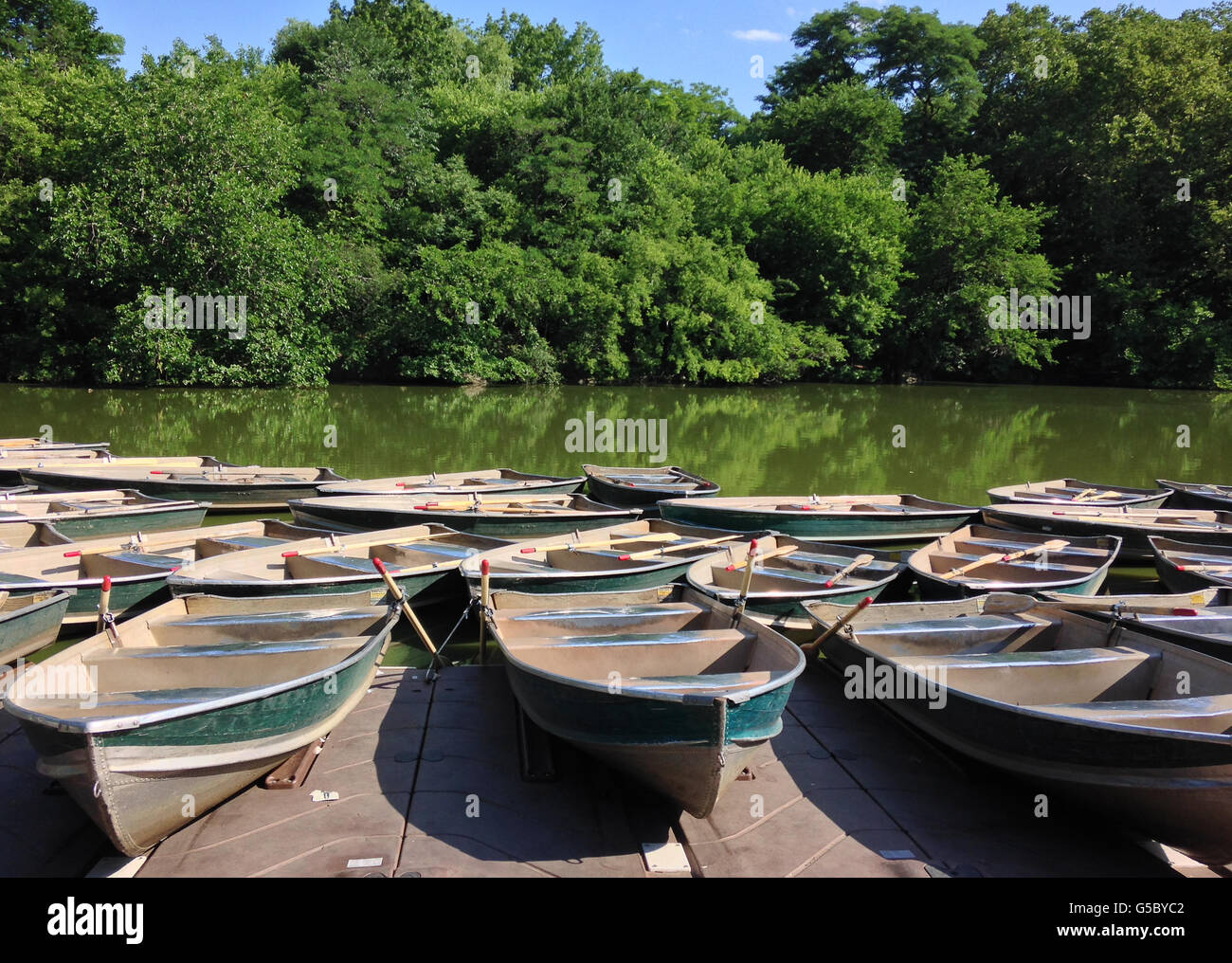 Canoe docking station. Central Park, New York City Stock Photo