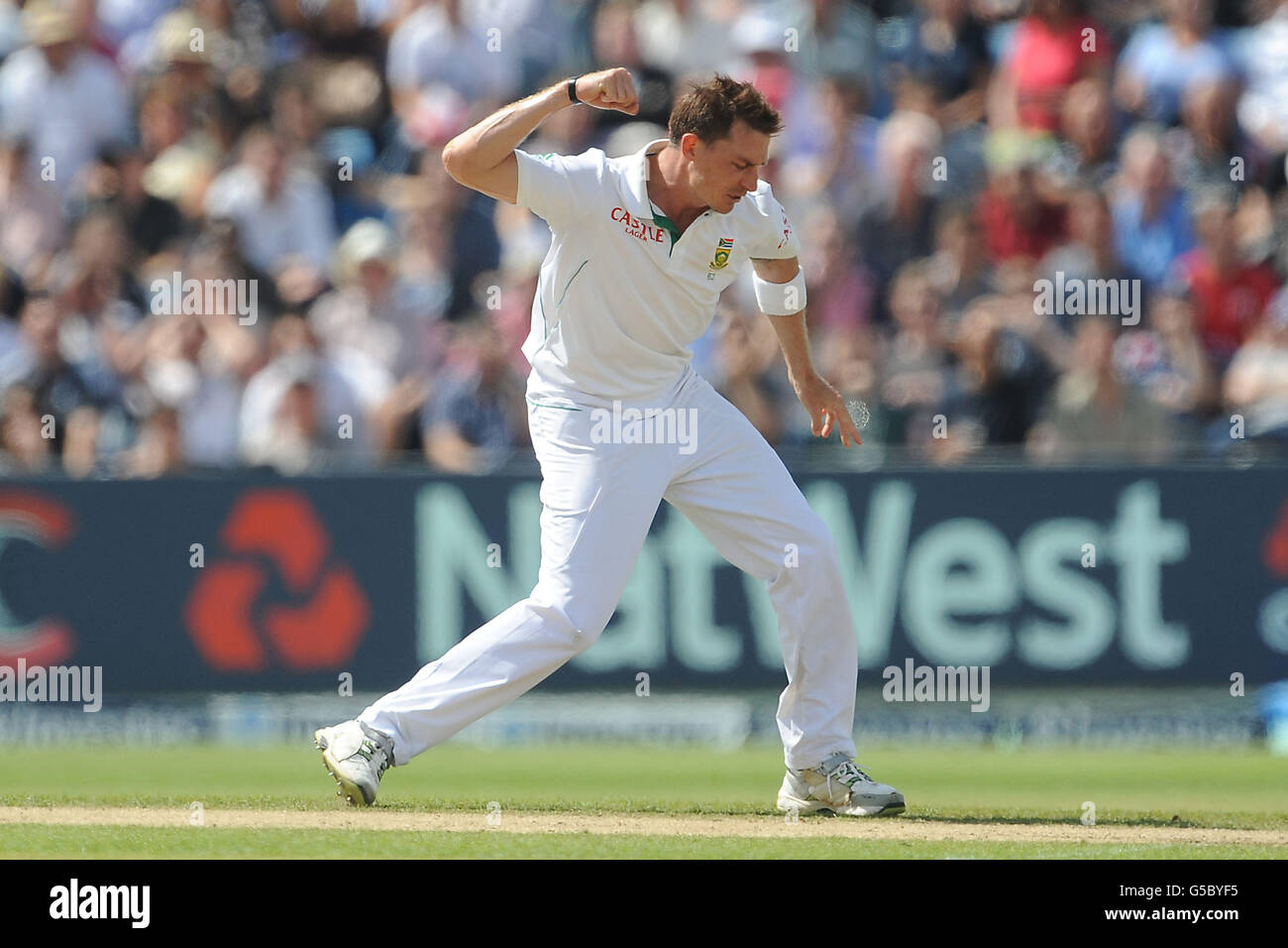 South Africa's Dale Steyn celebrates taking the wicket of England's Andrew Strauss during the Investec Second Test match at Headingley Carnegie, Leeds. Stock Photo