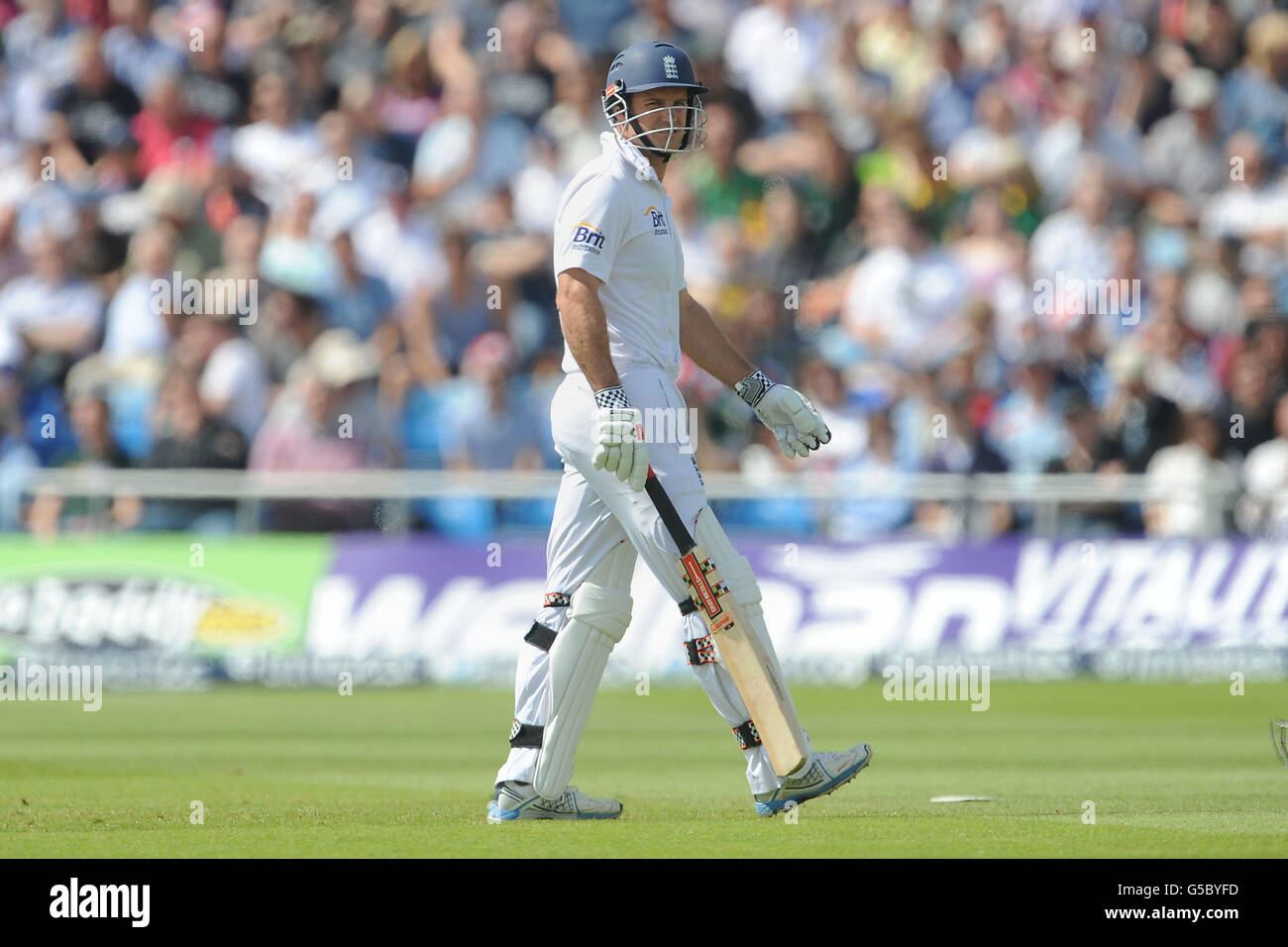 England's Andrew Strauss leaves the field after being dismissed by South Africa's Dale Steyn during the Investec Second Test match at Headingley Carnegie, Leeds. Stock Photo