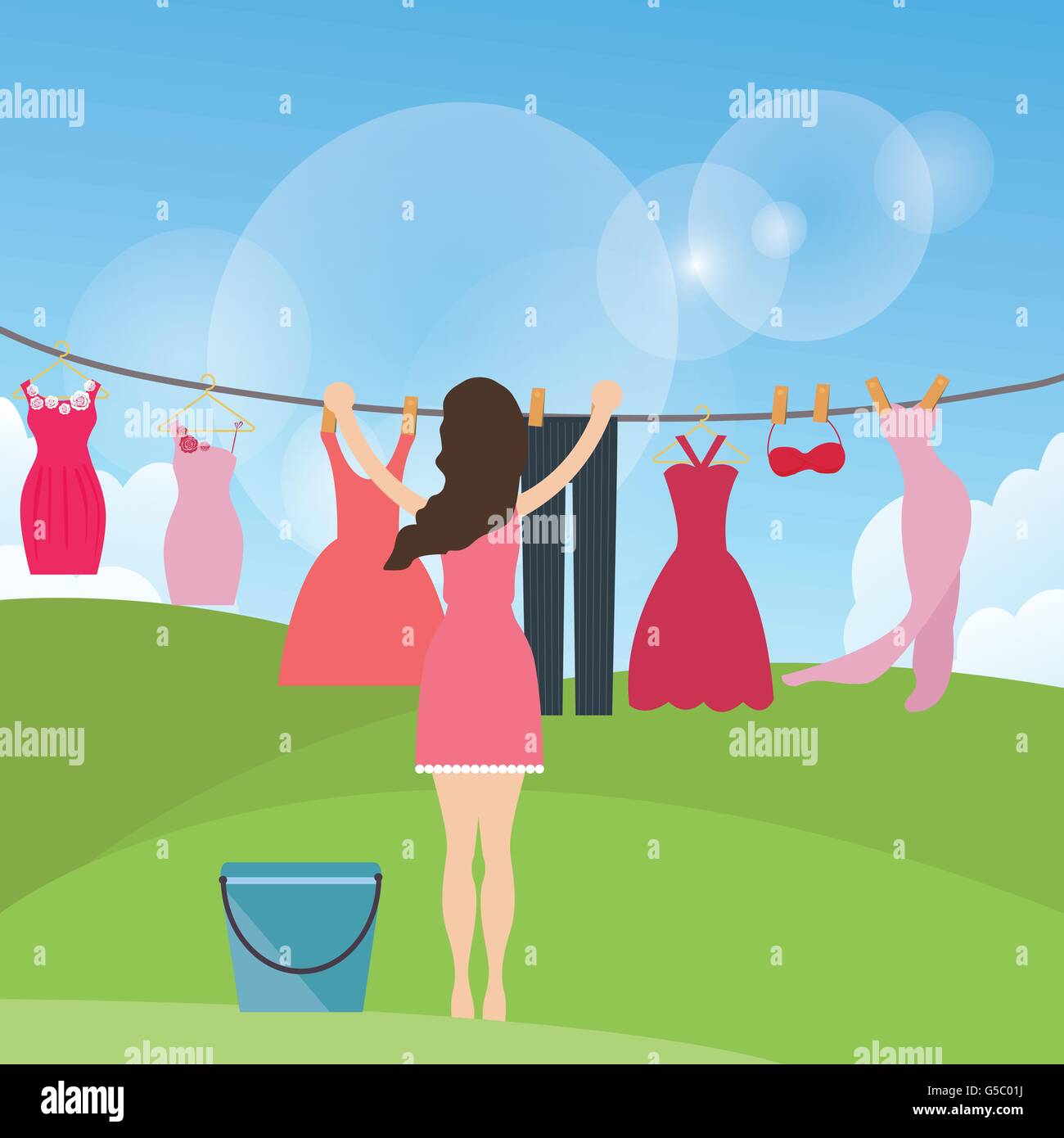 woman female mom drying clothes hanging in rope under the sun outdoor Stock Vector