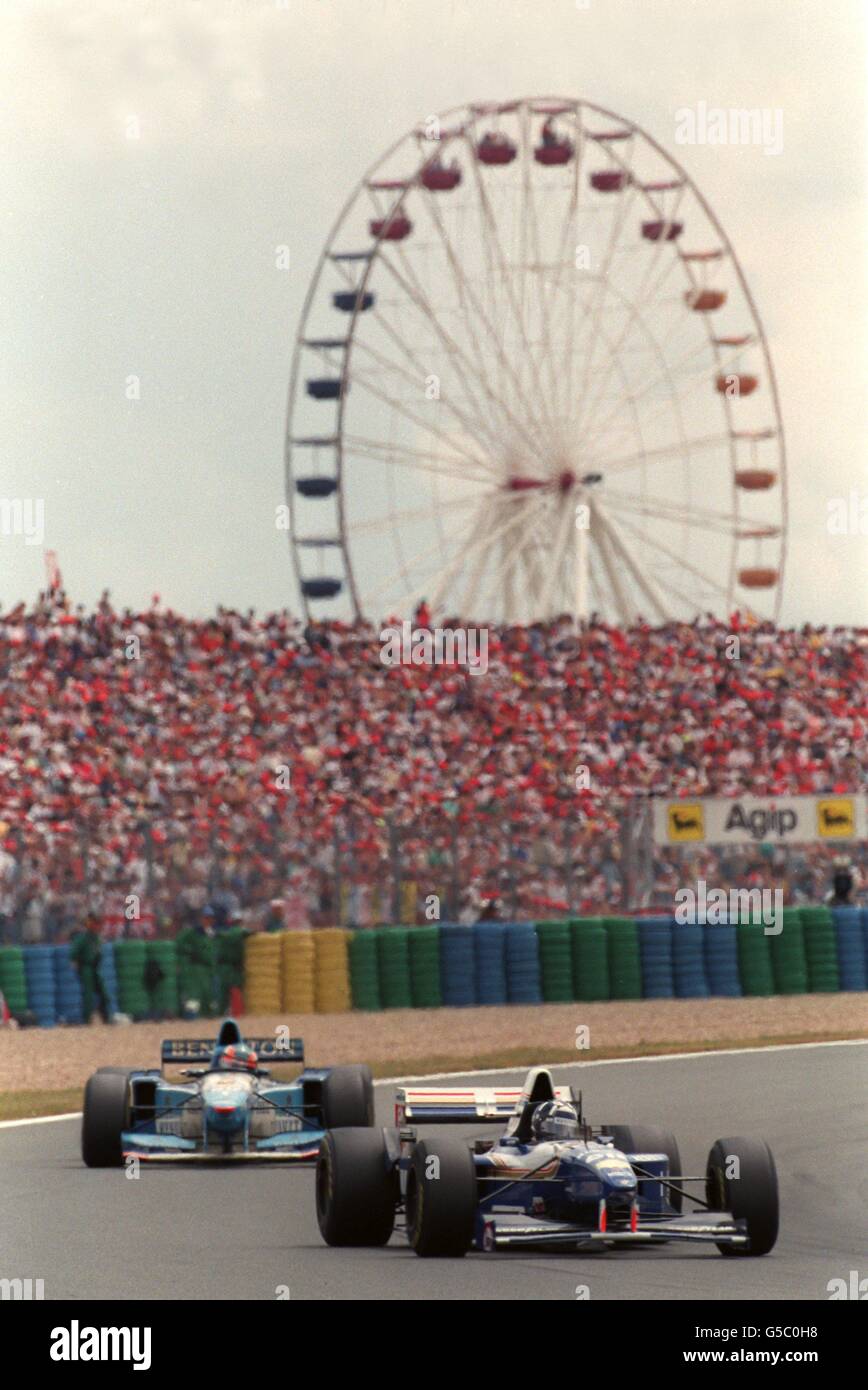 02JUL95 Damon Hill leads Michael Schumacher a the Magny Cours circuit during the French