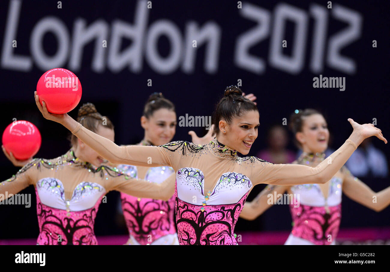 Greece compete with five balls during the Rhythmic Gymnastics Group All Round Qualification at