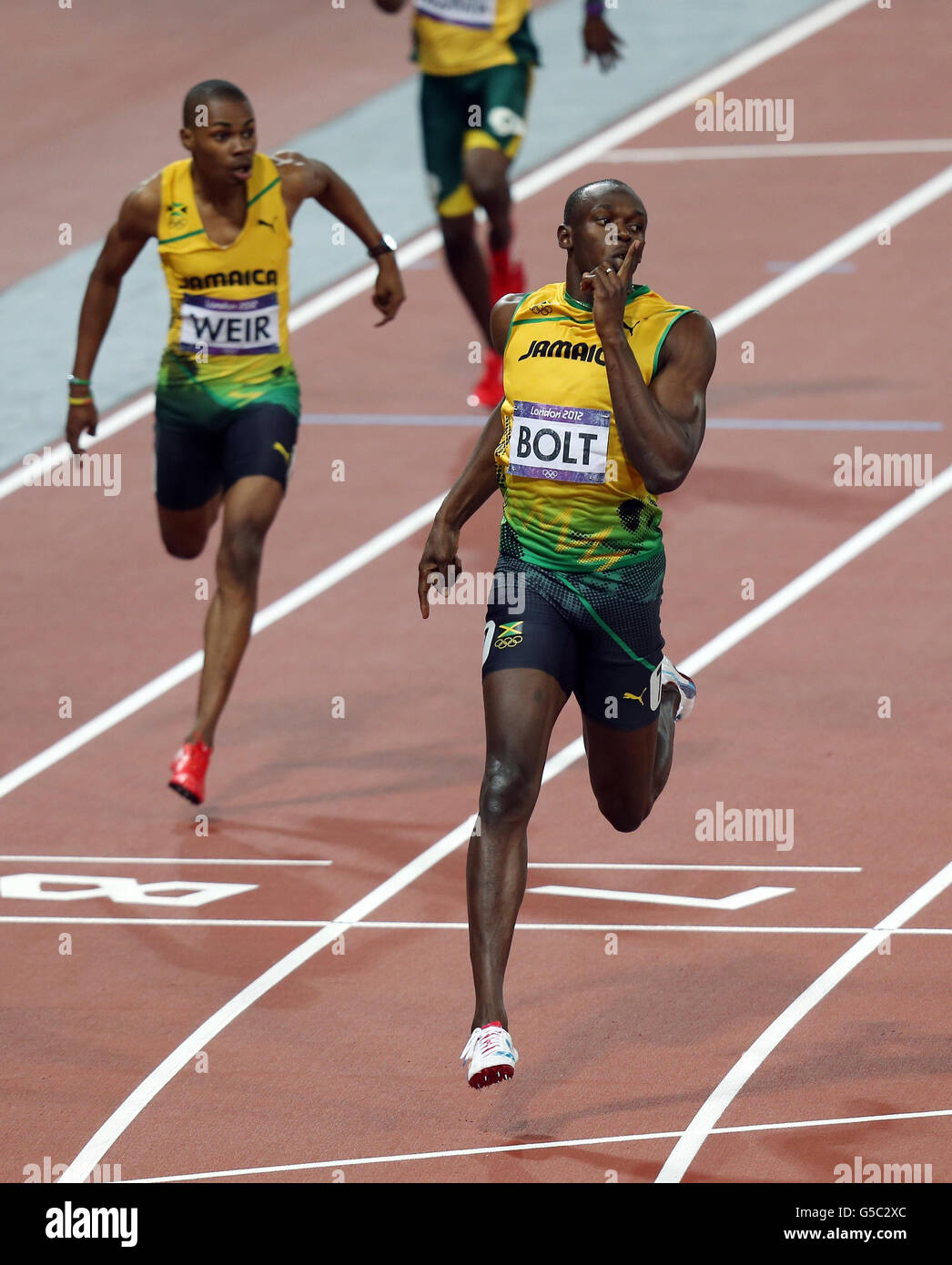 Jamaica's Usain Bolt wins the Men's 200m Final on day twelve of the London Olympic Games at the Olympic Stadium in London. Stock Photo